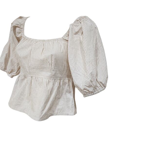 Sim & Sam Cottagecore Blouse Puff Sleeve Square Neck Striped White Tan Medium - Picture 4 of 8